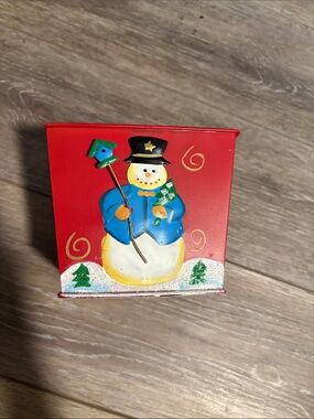 Holiday Snowman Decorative Tin - Red